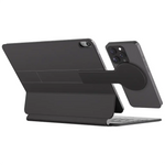 The Powerology DynaBoard Wireless Keyboard Case With MagSafe Phone Holder for iPad Pro 13 inch (M4) in black is shown from the back, securing a smartphone beside the tablet—perfect for multitasking or charging. Buy in Kuwait.
