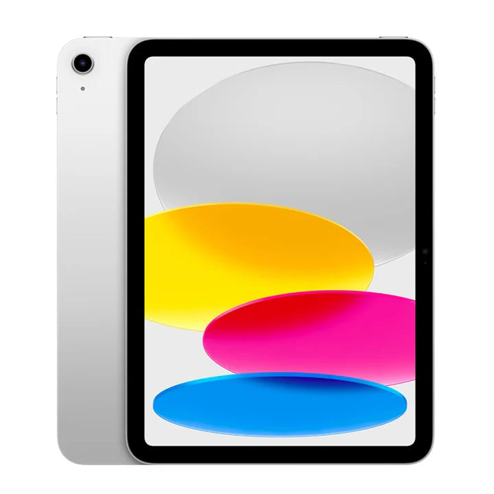The Apple iPad 11th Gen - A16 (2025) in silver, with an 11-inch Liquid Retina display and black bezel, features an abstract wallpaper of overlapping gray, yellow, magenta, and blue ovals. Shown from both front and rear angles.