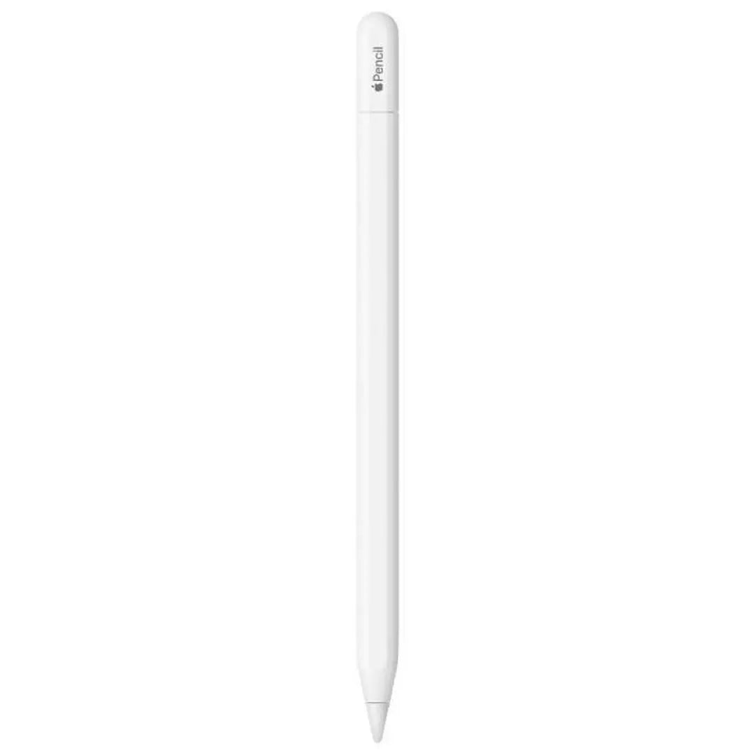 The Apple USB-C Pencil in white is displayed vertically against a plain white background, emphasizing its pixel-perfect precision for iPad users.
