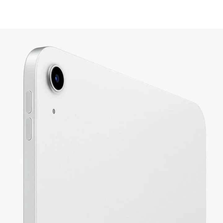 Close-up of the Apple iPad 11th Gen - A16 (2025), 11-inch, 128GB, WiFi in silver, showing its rear camera and side buttons. The sleek design stands out against a white background. Available for purchase in Kuwait.