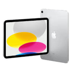 The Apple iPad 11th Gen - A16 (2025) in silver, with an 11-inch Liquid Retina display, is shown from the back next to another iPad displaying colorful yellow, pink, and gray ovals on a white screen. Buy in Kuwait.