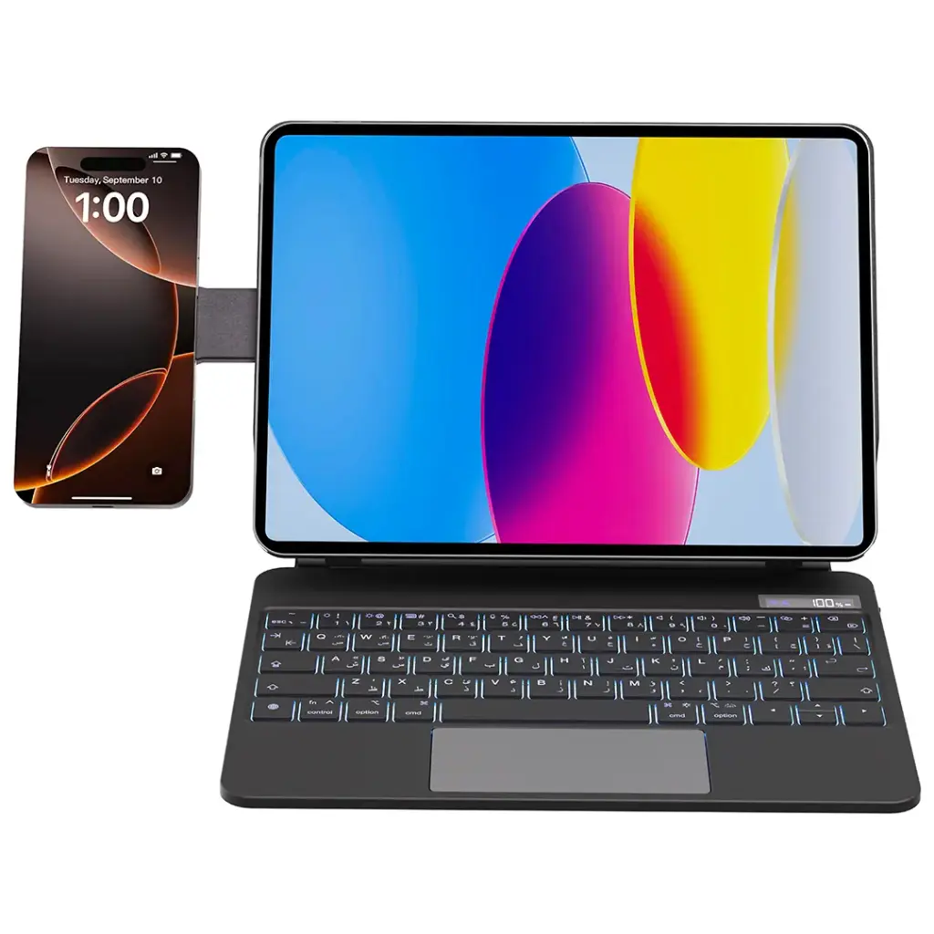 A Powerology DynaBoard Wireless Keyboard Case With MagSafe Phone Holder for iPad Pro 13 inch (M4) holds an iPad showing colorful shapes, with a smartphone beside it displaying the time 1:00. Both screens are on.