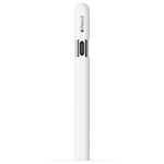 An Apple USB-C Pencil – White stands upright against a plain white background, cap on, with the "Pencil" label and Apple logo near the top, highlighting its pixel-perfect precision for iPad.