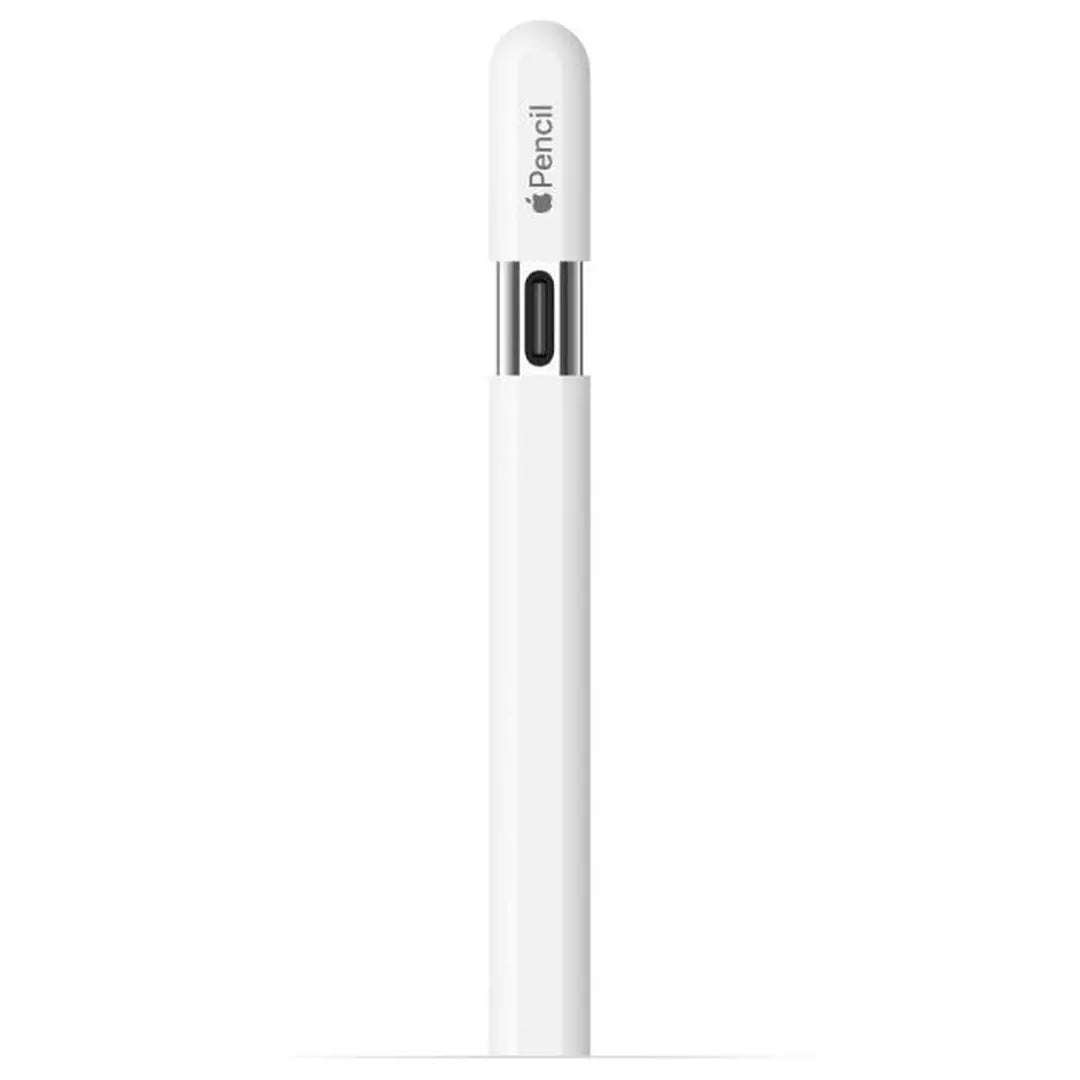 An Apple USB-C Pencil – White stands upright against a plain white background, cap on, with the "Pencil" label and Apple logo near the top, highlighting its pixel-perfect precision for iPad.