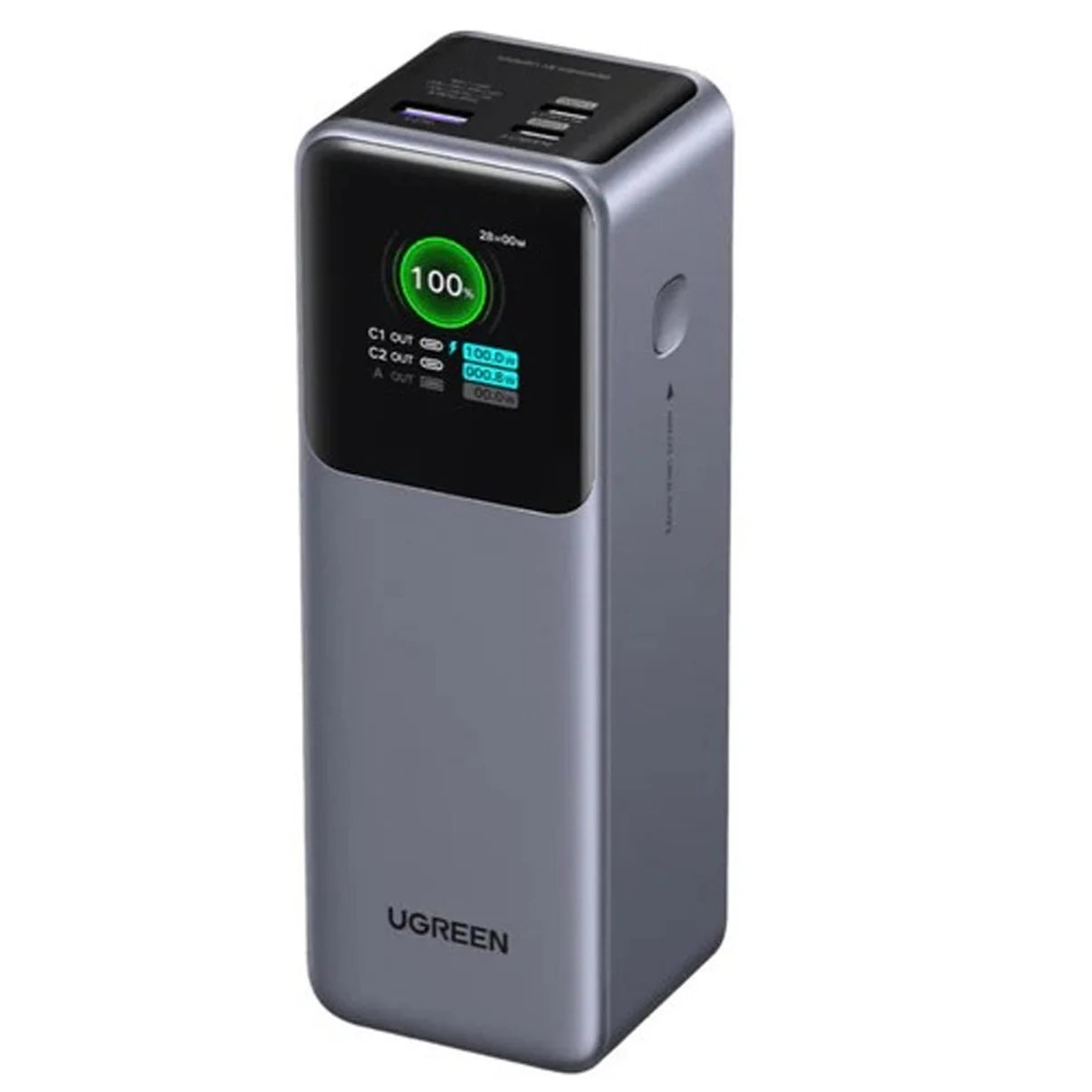 The UGREEN 25000mAh 200W Fast Charging Power Bank 35525B in silver features a digital display showing battery status (100%) and output info, plus multiple USB ports on top—available now in Kuwait.