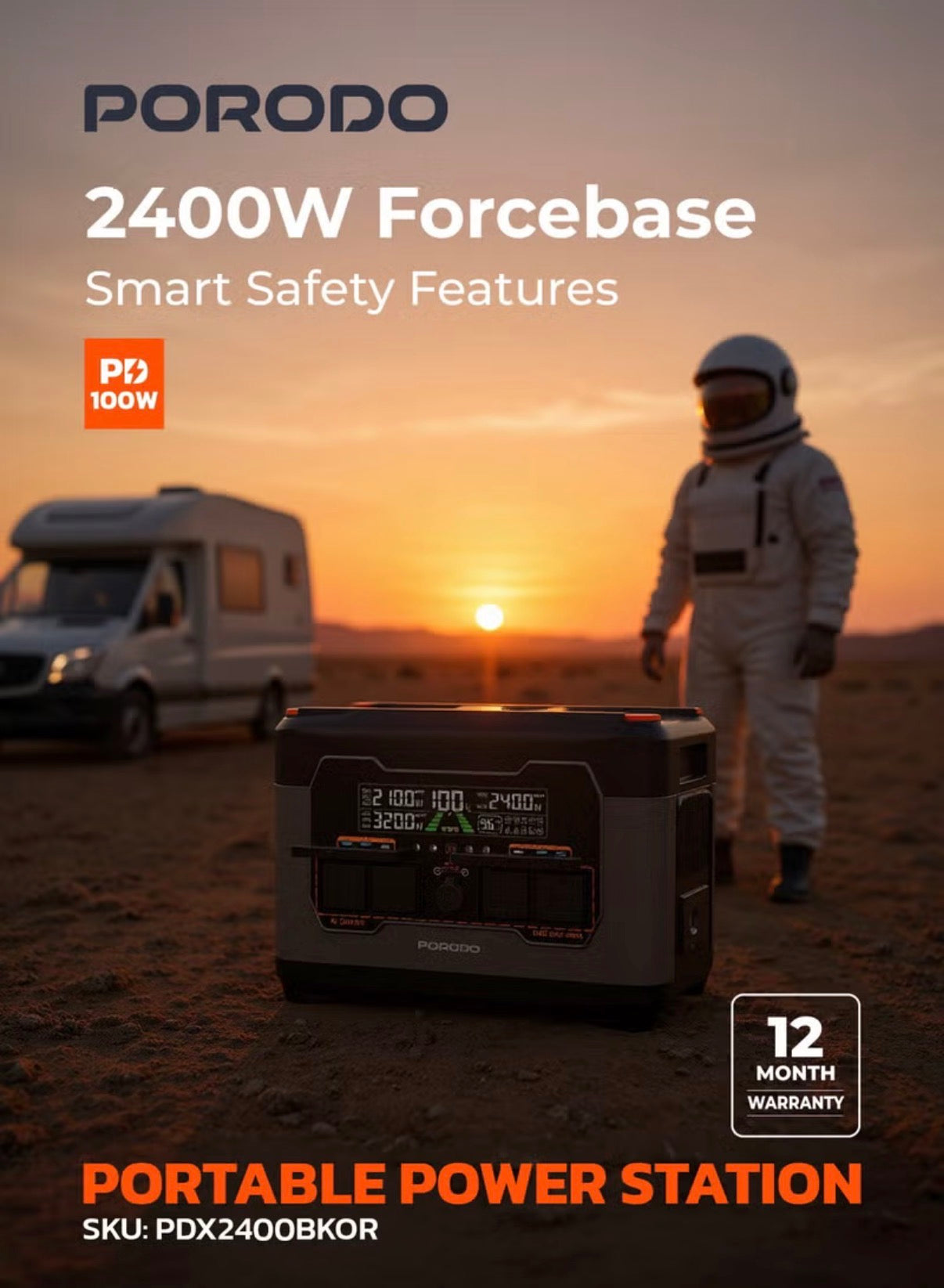 Porodo Portable Power Station with 2400W Power, 2047.5Wh Battery, 100W PD Fast Charging, Power Generator.