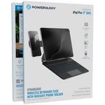 A box displays the Powerology DynaBoard Wireless Keyboard Case With MagSafe Phone Holder for iPad Pro 13 inch (M4) - Black, showing an iPad with keyboard and phone holder. Buy in Kuwait. ايباد برو ١٣ انس m4.