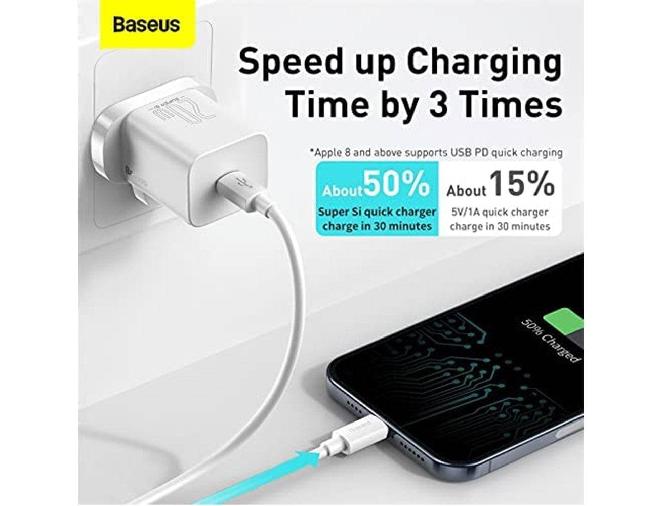 Baseus Super Si Quick Charger 20W UK with Type-C to Lightning Cable 1M White