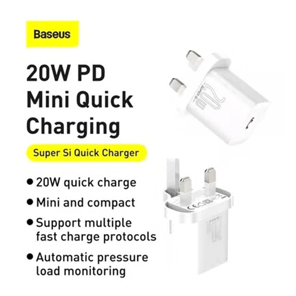 Baseus Super Si Quick Charger 20W UK with Type-C to Lightning Cable 1M White