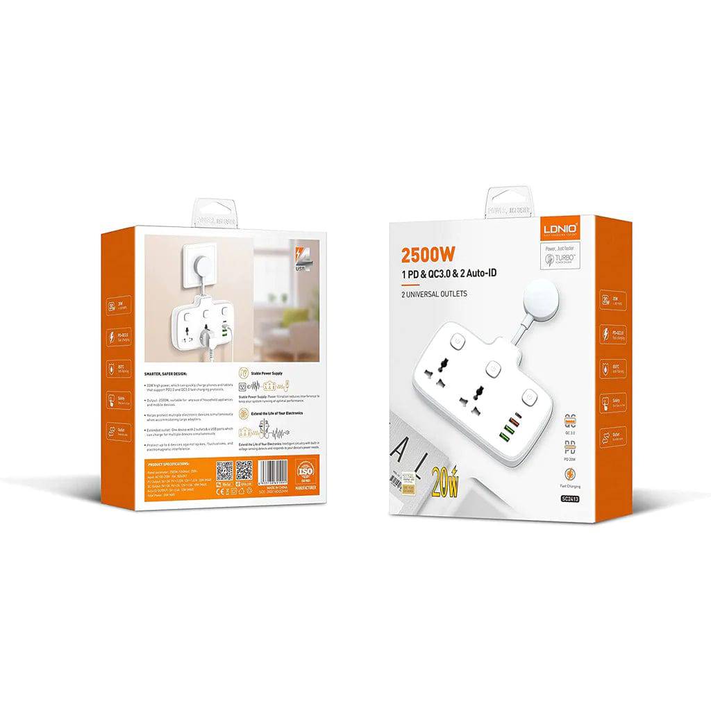 LDNIO SC2413 Universal Power Strip 2500W USB-A USB-C White