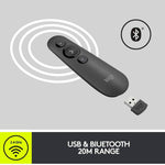 Logitech R500s Bluetooth remote showing USB receiver and laser pointer button
