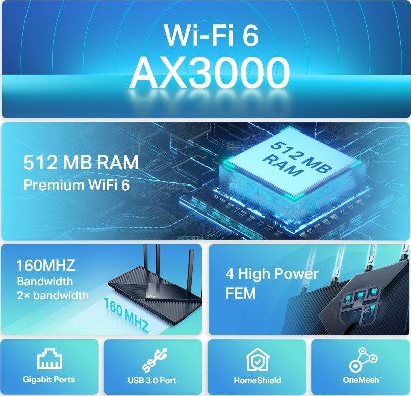 TP-Link Archer AX55 AX3000 Wi-Fi 6 Dual-Band Router Black