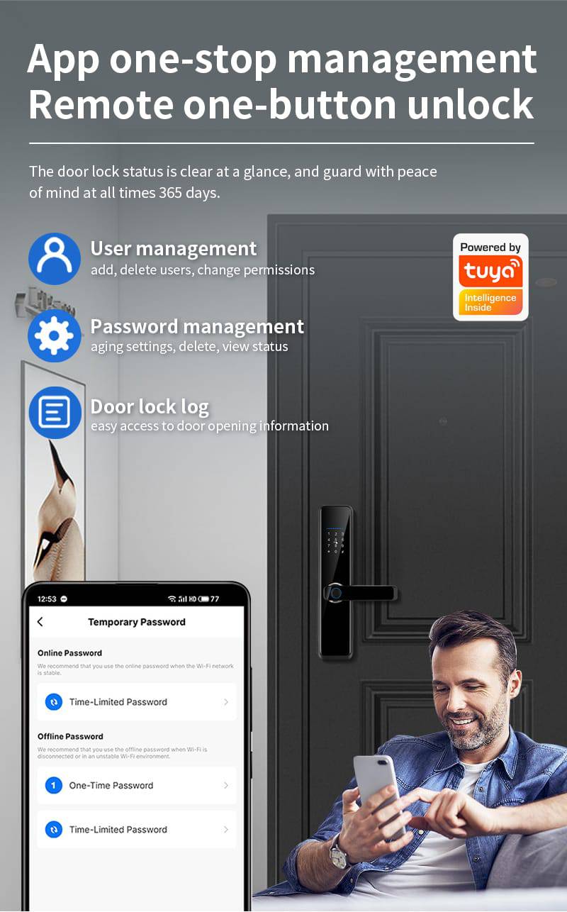 Smart Lock A270 - Keyless Entry - Fingerprint, Pass code, key card, Mobile App (Wifi & Bluetooth) - TQ STORE