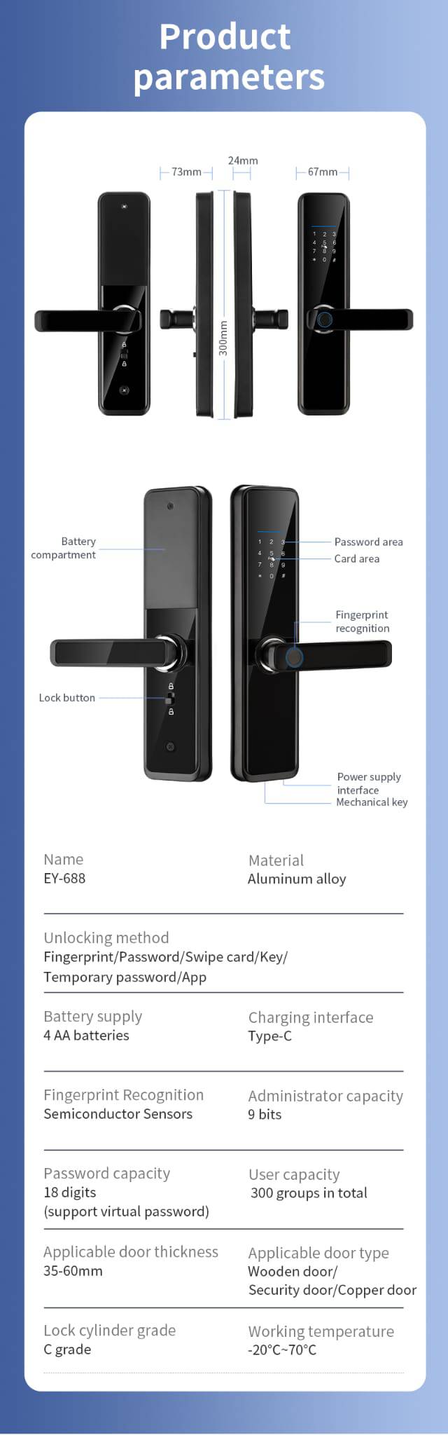 Smart Lock A270 - Keyless Entry - Fingerprint, Pass code, key card, Mobile App (Wifi & Bluetooth) - TQ STORE