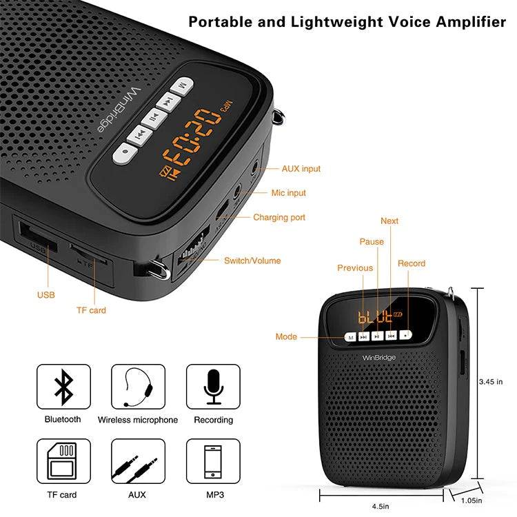 WINBRIDGE S278 PORTABLE
LOUDSPEAKER VOICE AMPLIFIER
WITH WIRELESS MICROPHONE - TQ STORE