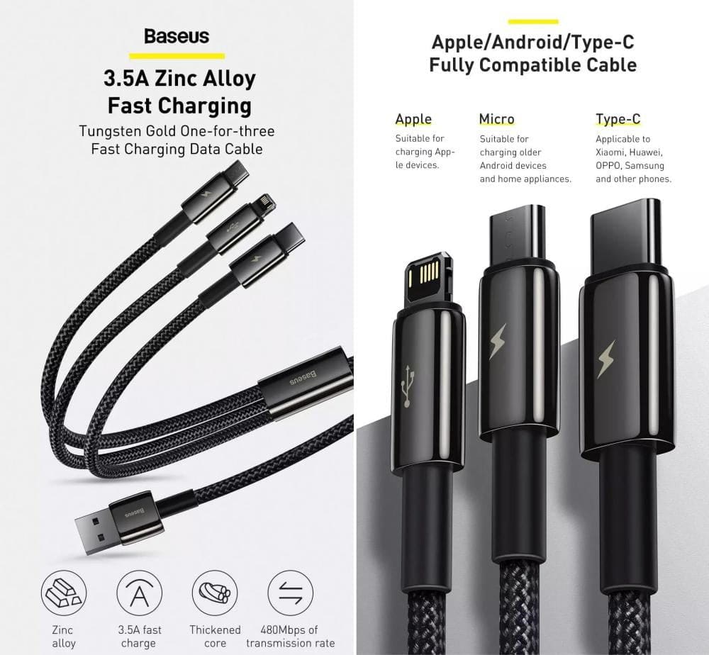Baseus Tungsten Gold 3 in 1 Cable USB to Micro Lightning Type-C 3.5A 1.5M