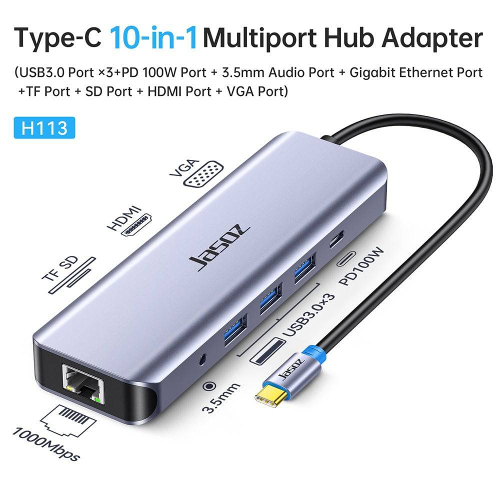 Jasoz H113 USB Type-C To HDMI VGA Audio RJ45 Card Reader USB3.0 Hub PD100W 10in1 Multi-port Convertor Adapter - TQ STORE